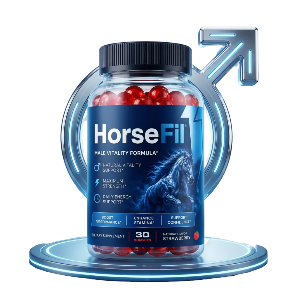 Bottle of HorseFil Male Vitality Formula strawberry gummies