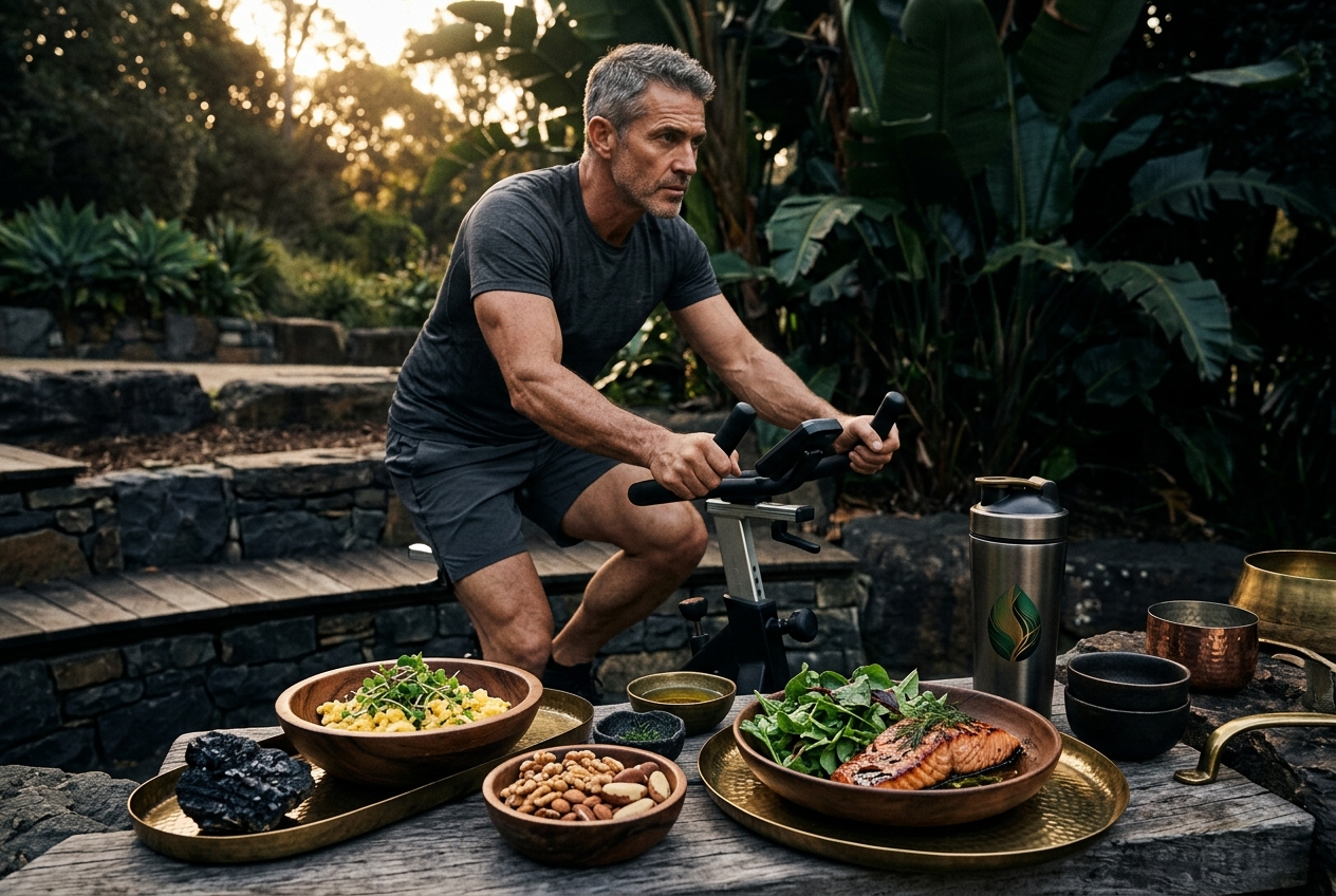 Fit man in his 40s exercising outdoors surrounded by testosterone-boosting foods like salmon, eggs and nuts